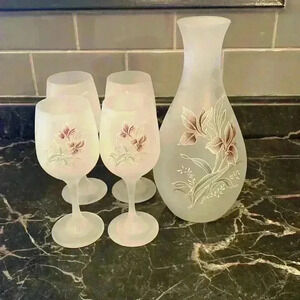 Vintage  Frosted Glass Wine Decanter & Glass Set